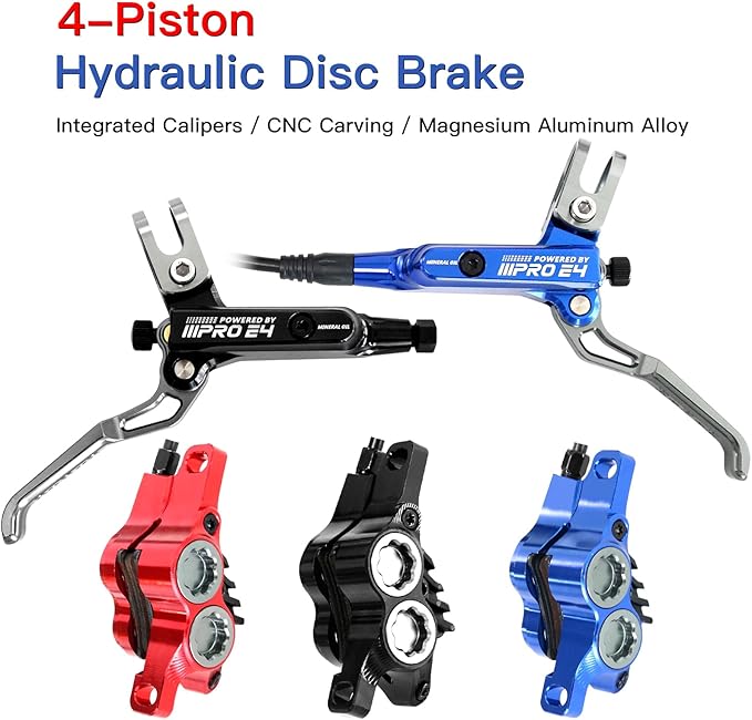 IIIPRO MTB 4 Pistons Hydraulic Disc Brake Set Left Front 800mm Right Rear 1550mm with 160mm Rotors, Mountain Bike Bicycle Disc Brake Kit with Ceramic Brake Pad for eBike, Road Bike, Fat Bike