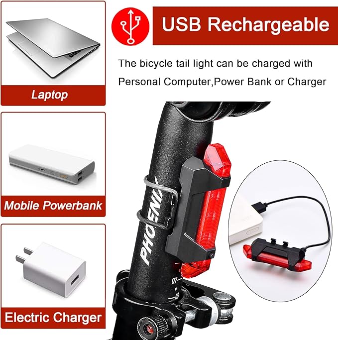2 Pack USB Rechargeable LED Bicycle Rear Lights Cycling Bike Taillight Safety Lamp Night Essential Waterproof 4 Modes Warning Light for Men Women Kids MTB
