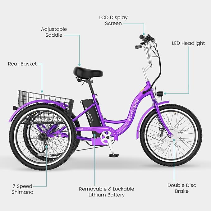 Electric Tricycle for Adults Seniors, 24/26 Inch 3 Wheel E-Trike, 350W Motor (700W Peak), Removable 36V Battery, Up to 15.5MPH, 25-60Mile Range, Low Step-Through, Rear Basket, 350lbs Capacity, 7 Speed