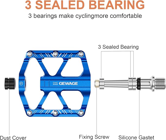 Mountain Bike Pedals - 3 Bearings Bicycle Pedals with Reflectors - 9/16” CNC Machined Flat Pedals with Removable Anti-Skid Nails for Road Mountain BMX MTB Bike