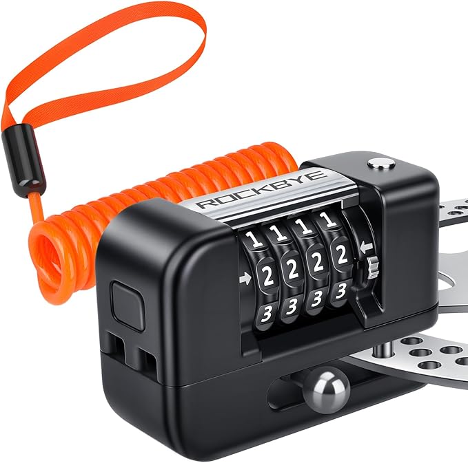 Motorcycle Locks Anti Theft, 4 Digit Combination Motorcycle Wheel Lock, Disc Brake Lock with 5FT Reminder Cable for E-Bikes, Motorcycles, Scooters & Mountain Bikes, Anti-Picking & Anti-Cut Design