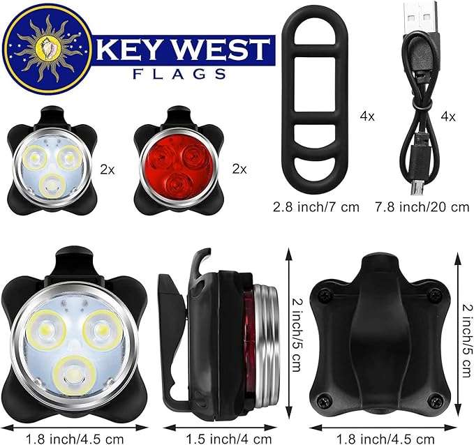 2X Rechargeable Bike Light Sets (Total of 4 Lights: Two Red and Two White), Super Bright Front Headlights and Rear LED Bicycle Lights, 650mah Lithium Batteries,4 Light Mode Options
