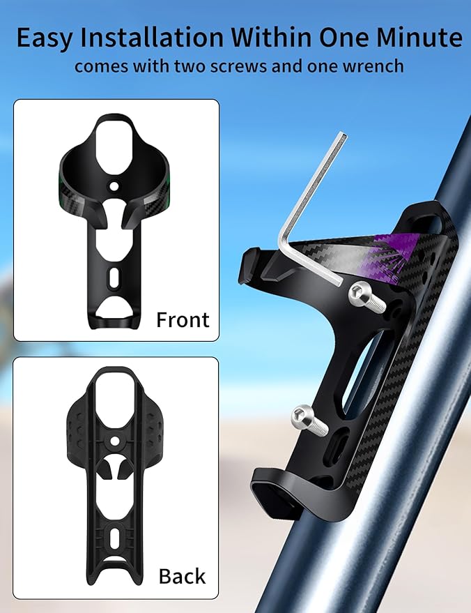 ENLEE for Bottles Diameter: 66-72mm Bike Water Bottle Cage, Lightweight Carbon Purple Bicycle Water Bottle Cage, Water Bottle Cage for Mountain/Road Bike with Screws Tool