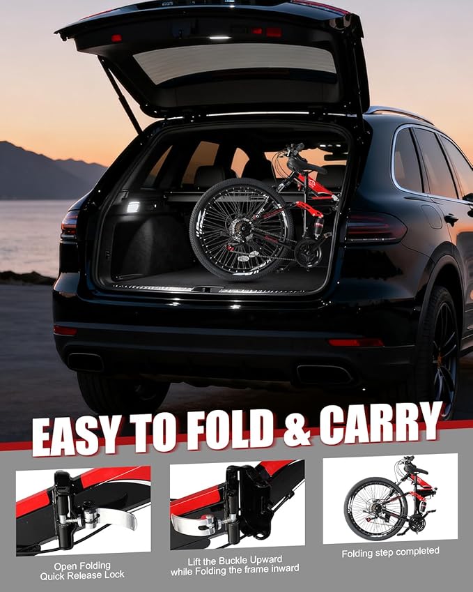 26/27.5 Inch Foldable Bike Folding Bike with 21 Speed, One Touch Folding, Dual Disc Type Brakes, Adjustable Seat, Full Suspension, Folding Bicycle for Men/Women/Senior