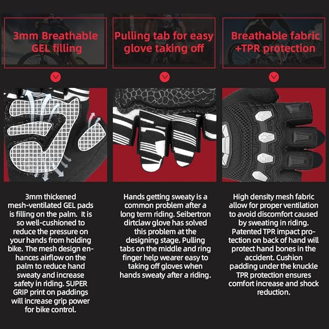 Seibertron Unisex BMX MX ATV MTB Racing Mountain Bike Bicycle Cycling Off-Road/Dirt Bike Gloves Road Racing Motorcycle Motocross Sports Gloves Touch Recognition Full Finger Glove