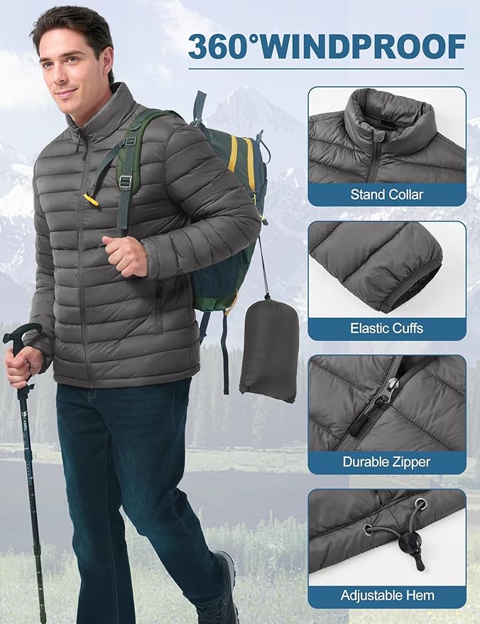 Men's Lightweight Packable Puffer Jacket Insulated Warm Winter Jackets Puffy Coat for Ski Hiking Travel