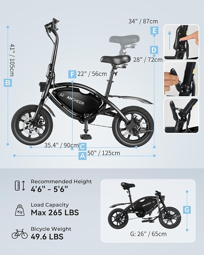 ANCHEER 14” Folding Electric Bike for Adults, 20MPH Ebike with 350W Motor[Peak 500W], 48V 374Wh Battery, Cruise Control, UL2849 Compliant Electric Bicycle, Compact Electric Mini Bike for Teens