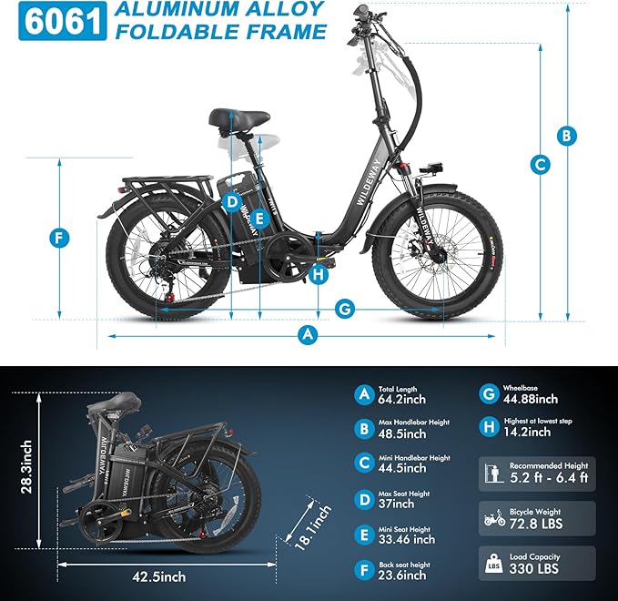Wildeway Folding Electric Bike for Adults with 32Ah Battery Long Range 750W Motor 28MPH, 20"x 3.0"Fat Tire Foldable EBike, Urban City Commuter Men Women Bicycle 7 Speed Gear