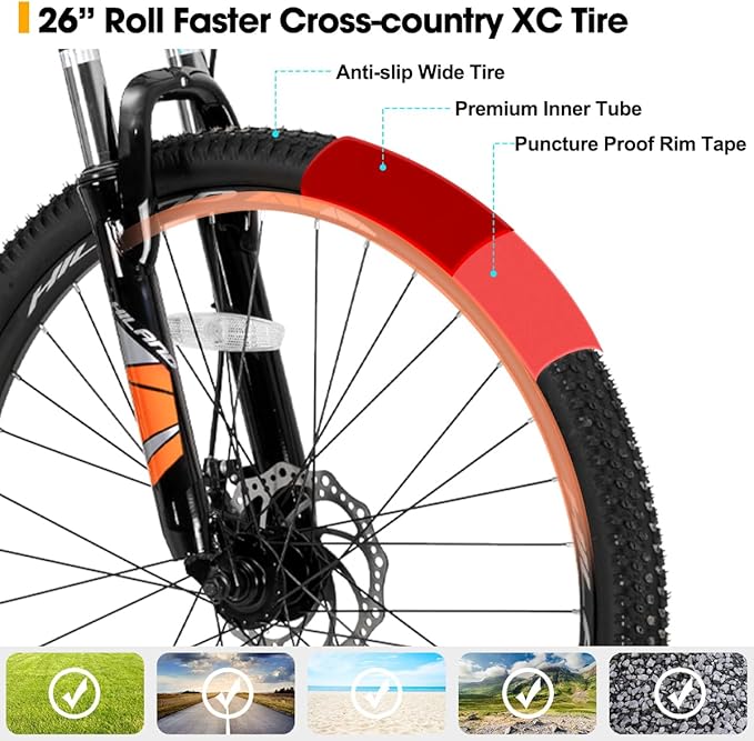 HH HILAND 26'' Mountain Bike, 3 6 Spokes, 21 Speeds Drivetrain, Aluminum Frame 26 Inch Wheels, Disc-Brake Bike for Men Women Men's MTB Bicycle