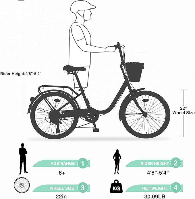 22/26 Inch Women's Bike Beach Cruiser Bike for Women/Girls，City Hybrid Bike 7 Speeds Adult Bicycle Commuter Bike for Women Men,4 Colors