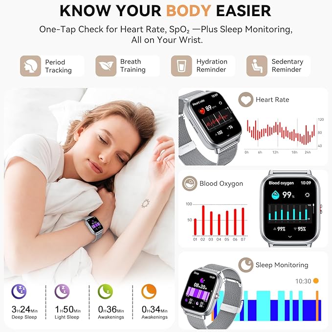 Smart Watch for Women Men- 1000mAh Battery Answer/Make Call, Fitness Step Tracker Watch with Sleep Monitor/Activity Counter/110+ Sport Mode for Andriod iPhone iOS Compatible - 3 Straps