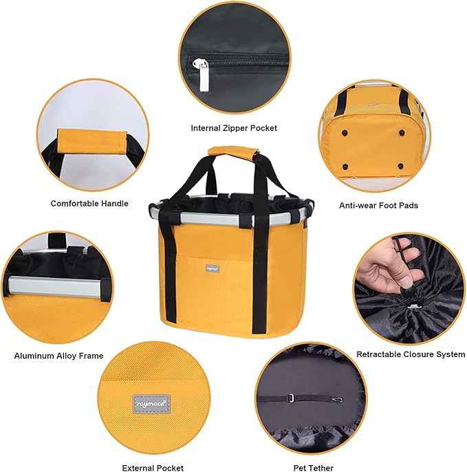RAYMACE Bicycle Basket Dog Bike Handlebar Basket Front,Folding Detachable Quick Release Easy Install,Cycling Picnic Bag