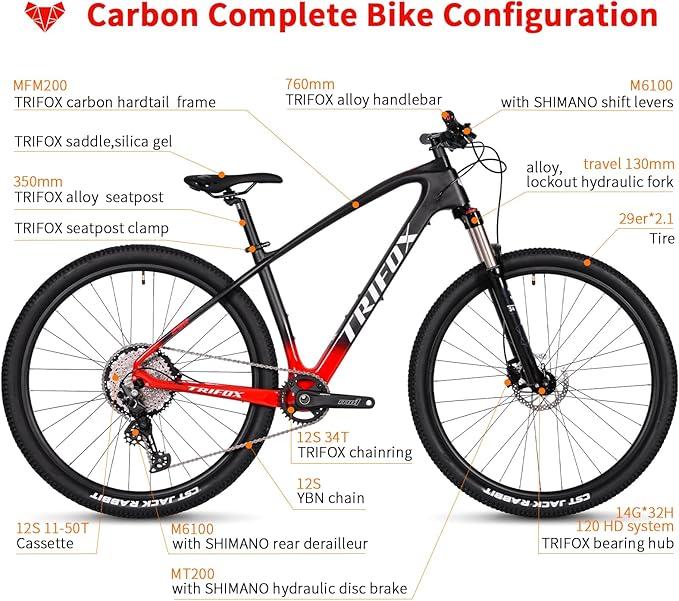 TRIFOX Carbon Fiber Mountain Bike,29er Carbon Mountain Bike with Shimano M6100 Deore Groupset 12-Speed,Carbon Fiber Frame,Hydraulic Fork 130mm Travel,/17/19 inch