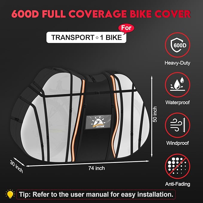 Zettum Bike Cover for Transport 1 Bike - 600D Travel Bike Covers for Bikes on Rear Bike Rack Waterproof & Heavy Duty, Outdoor Full Bicycle Rack Cover for Single Bikes on Car Hitch (Clear)