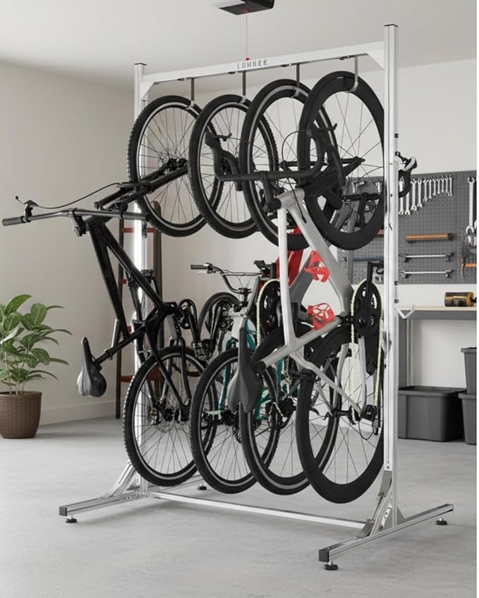 Alumium Alloy Freestanding Bike Rack for 4 Bikes, Vertical Bike Rack with 4 Bike Hooks for Heavy Duty & 2 Hooks for Accessories Tool Room Garage Storage Room Indoor Outdoor