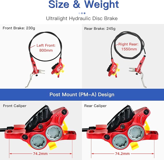 ZTZ IIIPRO E4 MTB Hydraulic Disc Brake Set, 4-Piston Hydraulic Brake Kit with Ceramic Brake Pads for Mountain Bike（Pre-Bled, Front 800mm and Rear 1550mm）