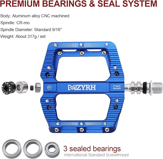 MZYRH Road/Mountain Bike Pedals MTB Pedals Bicycle Flat Pedals 3 Bearings 9/16” Aluminum Alloy Bicycle Platform Pedals for BMX MTB