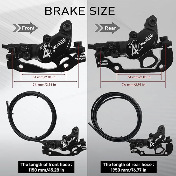 BUCKLOS EBike 2-PIN 4 Pistons Electric Power Off MTB Hydraulic Disc Brake Set,E-Bike Left Front 1150mm Right Rear 1950mm Aluminum Alloy Caliper Lever for ebike/Scooter/Mountain Bike HD-E735(Pre-Bled)