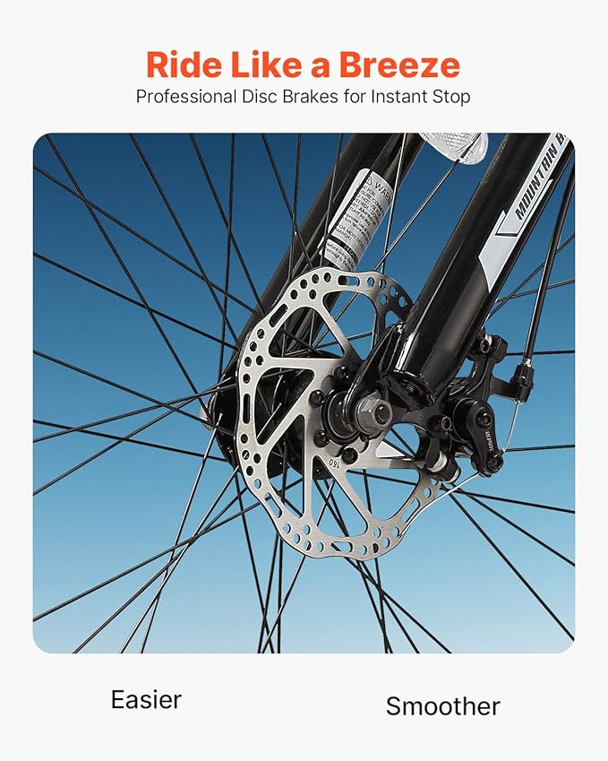 VEVOR Mountain Bike for Men/Women, 20"/26"/29" Sizes, 7/21/24 Speed Twist Shifting, Front or Dual Suspension, Dual Disc Brakes, Comfort Saddle, Sleek Colors
