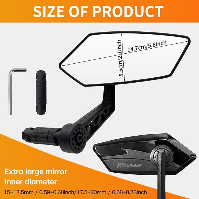 Bike Mirror, HD Glass Bicycle Mirrors for Handlebar Mount, Adjustable Bar End Bike Rear View Mirror, Scratch Resistant Handlebar Mirrors for E-bike,Mountain Bike & Scooter(Right 0.59-0.78")