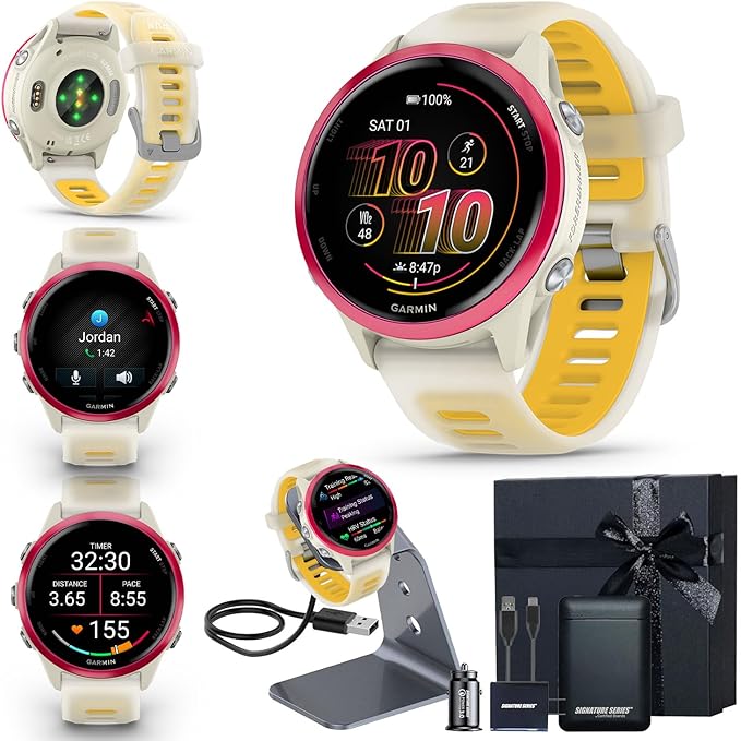 Garmin Forerunner 570 42mm GPS Running Smartwatch, Raspberry | Advanced Training & Recovery, Sleep Coach, Heart Rate, Download Music, Up to 10 Day Battery | Signature Series Gift Bundle