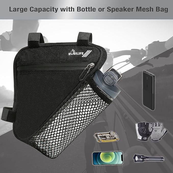 Bike Triangle Frame Bag with Bottle/Mini Speaker Holder - Bicycle Cycling Storage Triangle Top Tube Front Pouch Saddle Bag for Road and Mountain Bikes (W/Tritan Bottle)