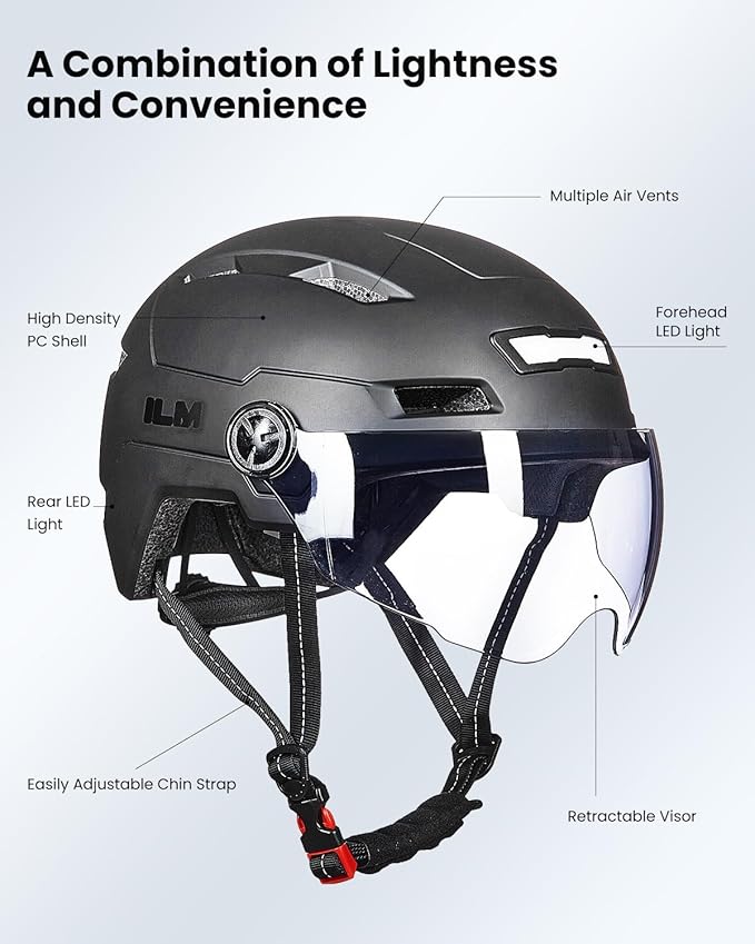 ILM Adult Bike Helmet with USB Rechargeable LED Front and Back Light Mountain&Road Bicycle Helmets for Men Women Removable Goggle Cycling Helmet E3-10L