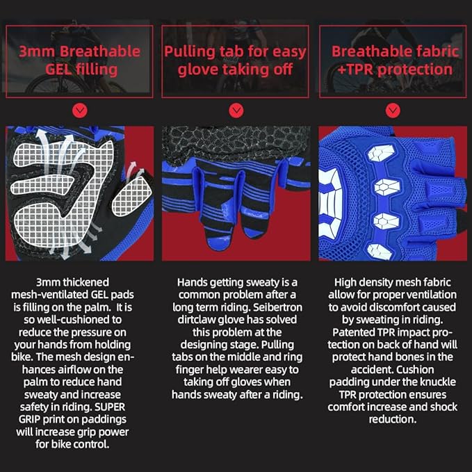 Seibertron Unisex BMX MX ATV MTB Racing Mountain Bike Bicycle Cycling Off-Road/Dirt Bike Gloves Road Racing Motorcycle Motocross Sports Gloves Touch Recognition Full Finger Glove