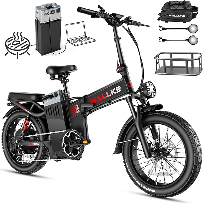 Wallke H9 Ultra 4000W Long Range Electric Bike for Adults, 55Ah 2640Wh 180 Mile, 37MPH Fast Ebike, 2-in-1 Battery AC/DC Power Hub & AC/Solar-Charging, Torque Sensor, Air Suspension,20" Fat Tire E Bike