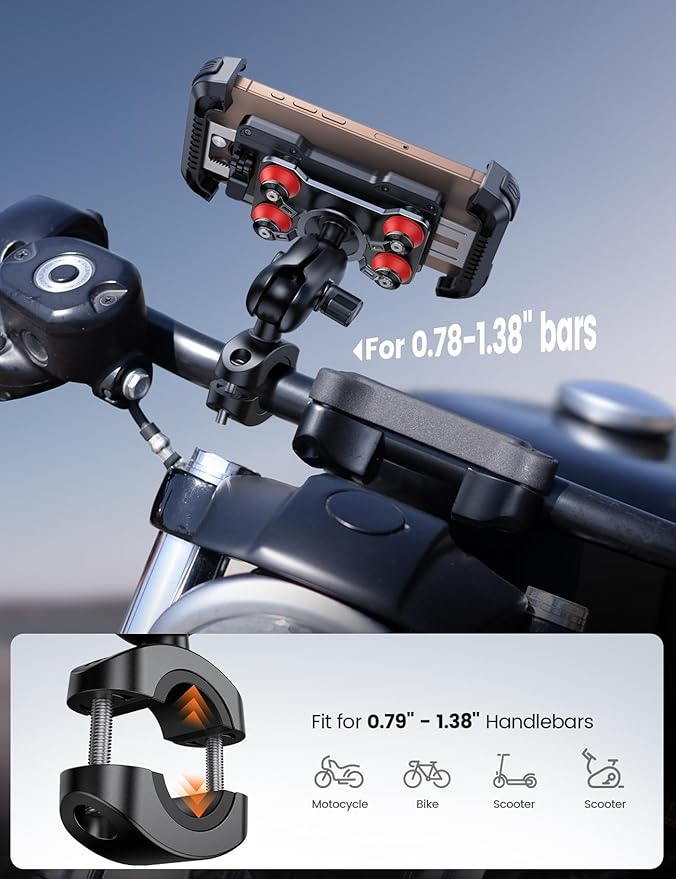 Lamicall Motorcycle Phone Mount Holder - [Dual Vibration Dampener] [Metal Adjustment Arm] Motorcycle Cell Phone Holder, Bike Handlebar Phone Mount, for iPhone 16 15 14 Pro Max, 4.7-6.7" Phones, Red