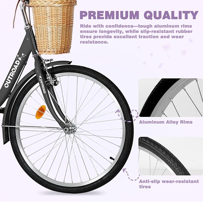 Betterland Beach Cruiser Bike for Women, 24/26 inch Hybrid Bike with Adjustable Seat, Womens Bike with Front Basket and Dual V-Brake, Step Through Comfort Bicycle for City Commuter