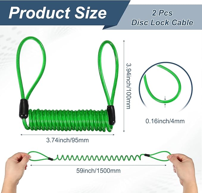 2-Pack Disc Lock Security Steel Cable, 59inch/1500mm PVC Coated Spring Reminder Wire Anti-Theft Rope for Outdoors Protection/Bicycle U-Lock, Motorcycle Reminder Cable [Green]