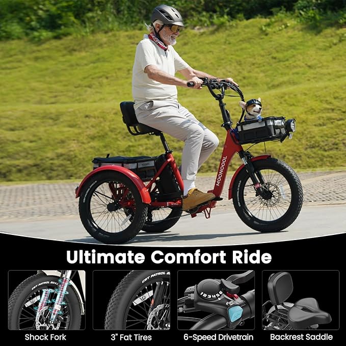 MOONCOOL Electric Trike for Adults, 500W/750W 48V Electric Tricycle for Adults Peak Power 1500W, 20"x3.0" Fat Tire 3 Wheel Electric Bike, Folding Aluminum Adult Tricycle with Removable Battery