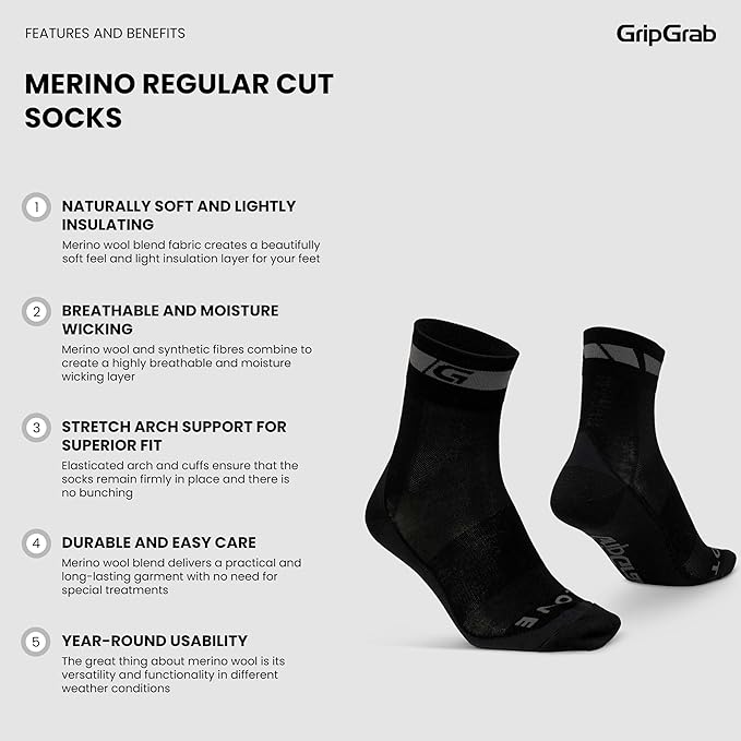 GripGrab Regular Cut Merino Cycling Socks Single & Multi-Pack Box of 1 and 3 Pairs Breathable Merino Wool Bike Socks
