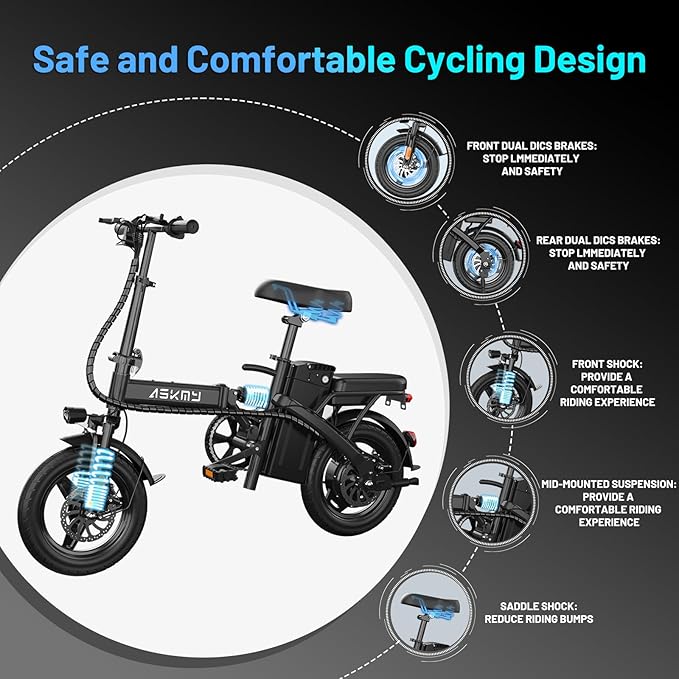 Foldable Electric Bike for Adults and Teens, 700W Peak Motor Ebike with 30-60 Miles PAS Range, 14" Folding Mini E Bike for Commute, Electric Bicycle with 48V Removable Battery