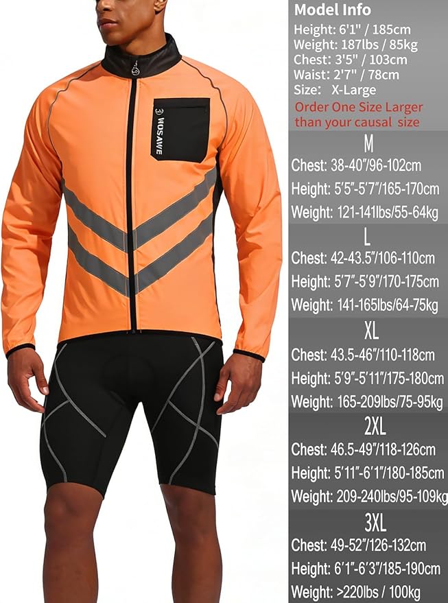 WOSAWE Men's High Visibility Cycling Wind Jacket Water Resistance Reflective Windbreaker
