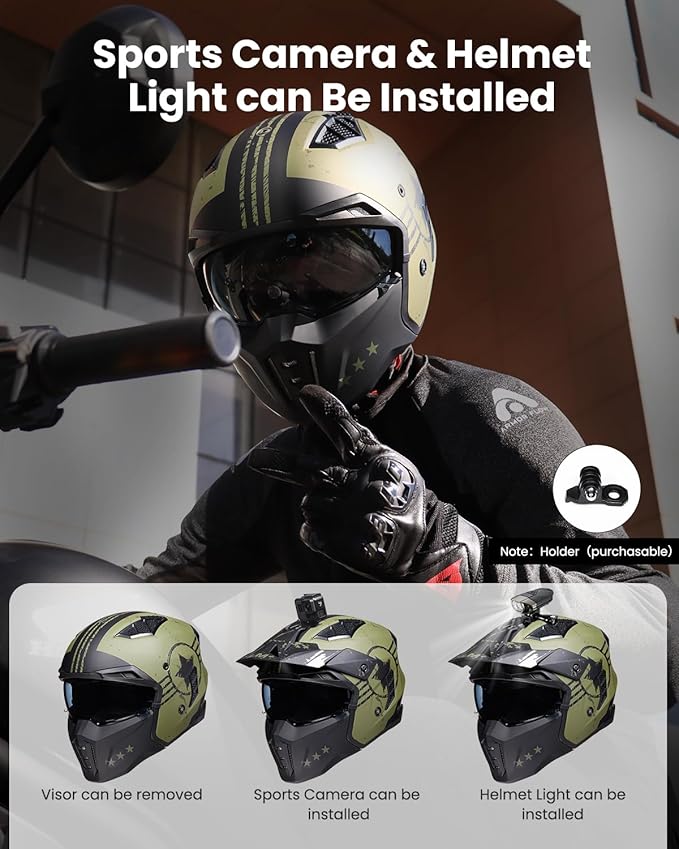 ILM Open Face Motorcycle 3/4 Half Helmet for Men and Women, Vintage Retro Helmet with Visor for Moped ATV Cruiser Scooter DOT Model Z302(Army Green,Small)