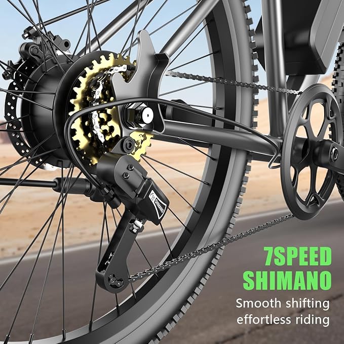 26'' Electric Bike for Adults 1200W Peak Motor 55 Miles Long Range 25MPH Commuter E-Bike with 7 Speed Gears IPX7 Waterproof Pedal Assist Electric Mountain Bicycle for Men
