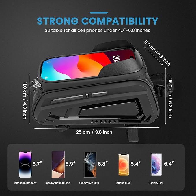 Bike Frame Bag, EVA Hard Shell Bag with 2.0L Capacity,Top Tube Bicycle Storage with 6.8" Touch screen Phone Holder, Handlebar Bike Storage Bag Cycling Pouch for MTB & Road Bikes.