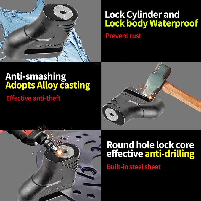 Motorcycle Locks Heavy Duty Anti Theft,Cable Locks with Combination,Heavy Duty Bike Lock with Key,Mini Lock,Wheel Disc Lock,Disk Brake Lock Accessories for Adult Bikes and Cables (Black)