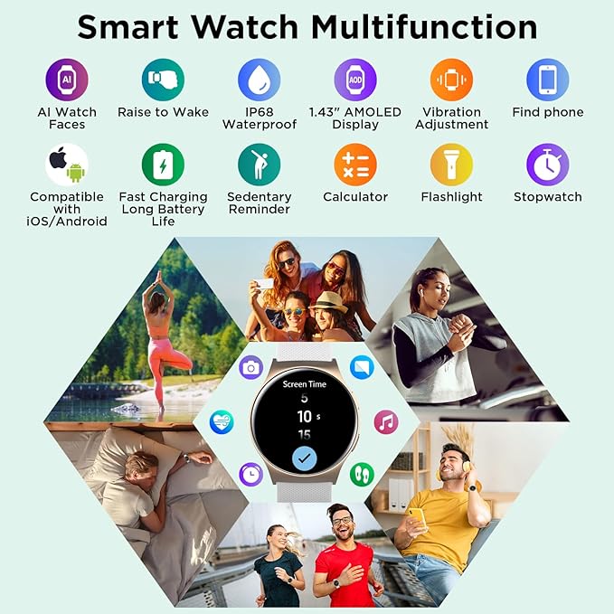 BENIO Smart Watch (Answer/Make Call), AI Watch Faces, 1.43" AMOLED with AOD, IP68 Waterproof Fitness Tracker, 24/7 Heart Rate/SpO2/Sleep Monitor/Stress, 110+ Sports Modes, Compatible Android & iOS