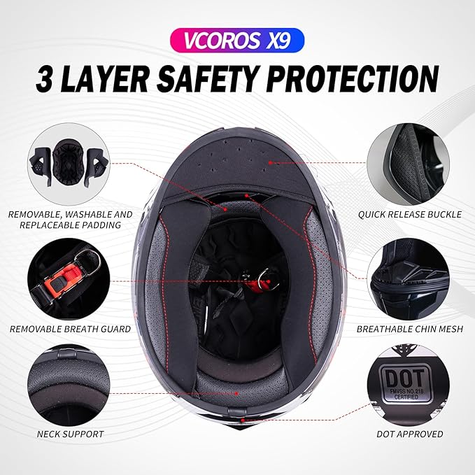 VCOROS Full Face Dual Visor Motorcycle Helmet for Adults Motorbike Street Bike Racing Helmets X9 DOT Approved with Black Visor