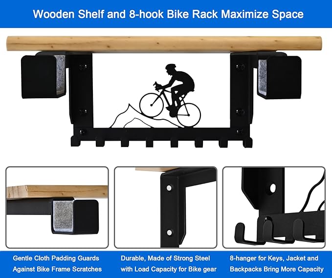 Bike Rack Wall Mount with Shelf and 8 Hooks Offer Horizontal Indoor Bike Storage for Sheds Garages. Wooden Bike Rack Bracket for Road, Mountain, Travel Bicycles, Maximizing Space
