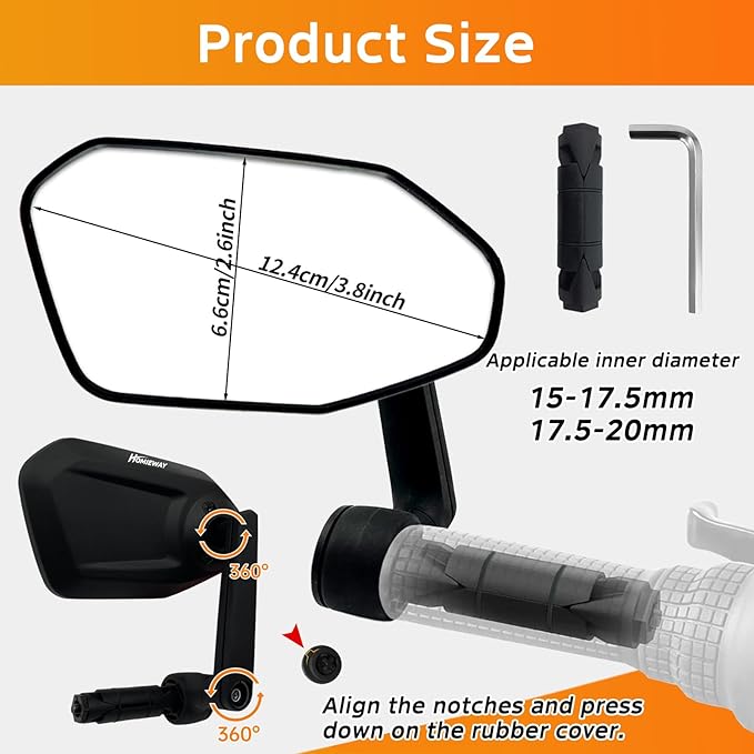 Bike Mirror, Adjustable Bicycle Mirror Handlebar Mount, Scratch Resistant HD Glass Lens, Large Bar End Rear View Mirror for E-bike, Mountain Bike, City Bikes & Scooter (Left 0.59-0.78")