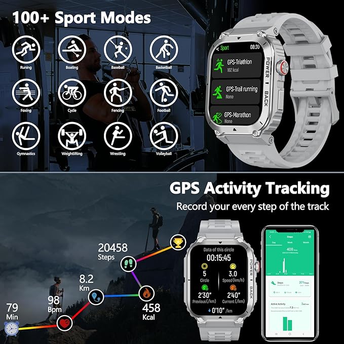 Military Smart Watch with GPS and Map(Answer/Make Call), Smartwatches with Health Monitor, Compass/Altitude/Air Pressure,100+ Sport Modes, Fitness Tracker for Android/iPhone (with GPS+Map, Gray)