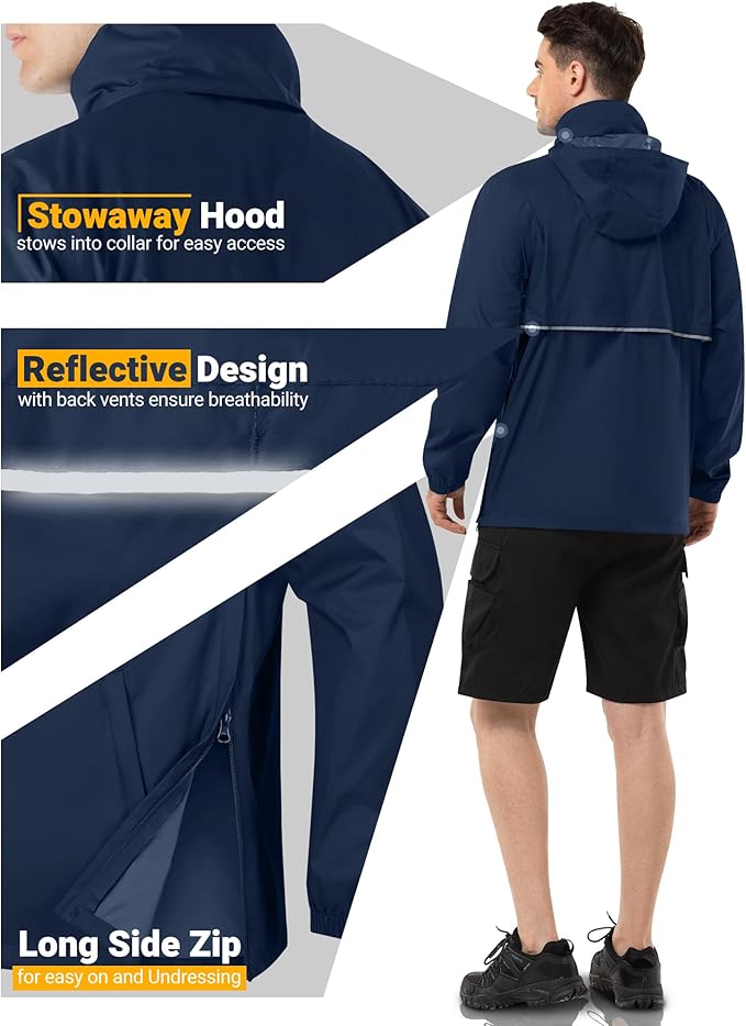 Outdoor Ventures Men's Rain Jacket Waterproof Lightweight Packable Rain Pullover for Hiking Golf Running