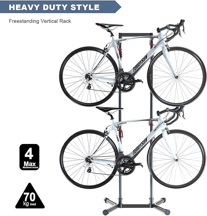 teraysun 4 Bike Horizontal Storage Rack, Heavy Duty No-Drill Indoor Garage Bike Organizer, 154 lbs Capacity for Mountain, Road & Hybrid Bikes