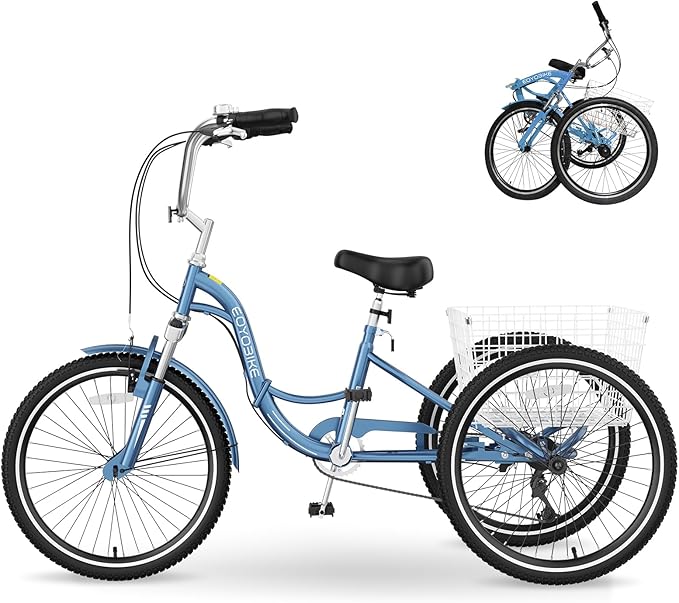 MOPHOTO Adult Folding Tricycle, 7-Speed 3 Wheel Bike for Adults, Seniors, Women & Men, 20/24/26 Inch Low Step-Through Trike with Large Rear Cargo Basket, Adjustable Seat, Space-Saving Cruiser Bicycle