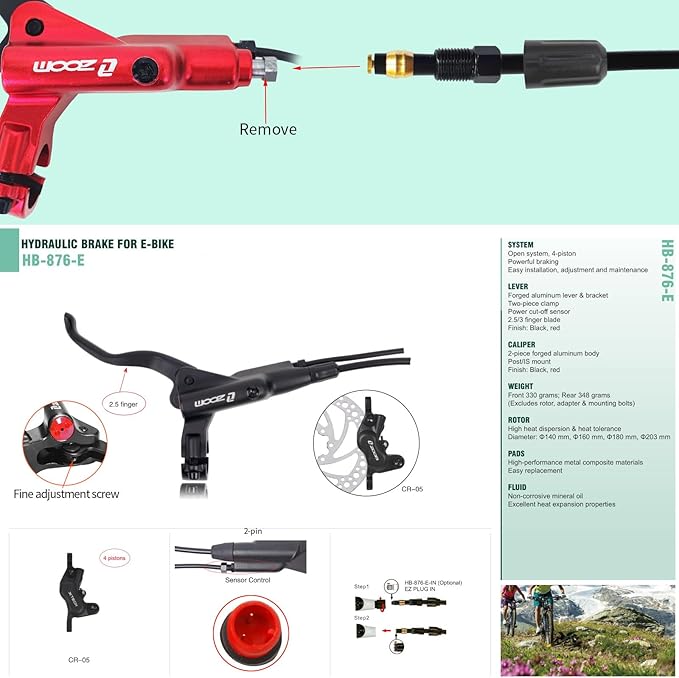 Zoom HB876E Hydraulic Disc Brakes Set 4-Pistons E-Bike Electric Power-OffHydraulic Brake Set with 180mm Rotors, Adapter Fit EBike Fat Bike Bicycle for Mountain Bike, Road Bike（Red）