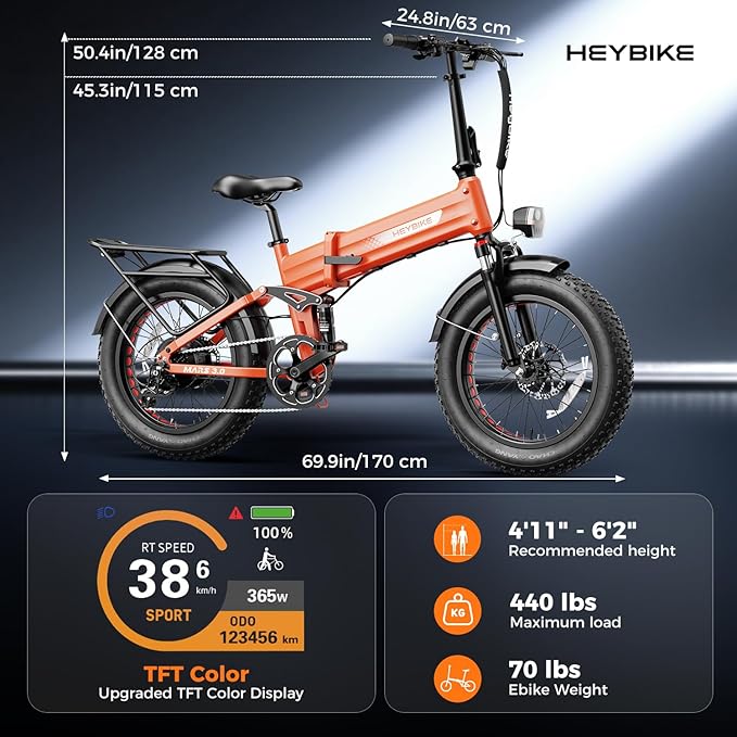 Heybike Mars 2.0/3.0 Foldable Electric Bike, UL2849 Certified, 70+Miles Long Range, 1400W/1800W Peak Motor 32MPH, 624WH Removable Battery, 20"*4 Fat Tire Ebike for Snow, Commute, Full Suspension